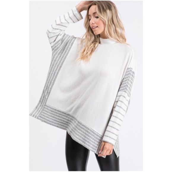 Cozy Striped Color Block Mock neck Poncho Sweater Top - Picture 5 of 5
